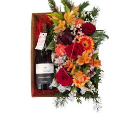COFFRET FLEURS ET VIN ROUGE