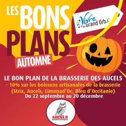 -10% sur les boissons artisanales de la brasserie (Strix, Aucels, Limonad'Oc, Bleu d'Occitanie) du 22 septembre au 20 décembre ! -10% sur les boissons artisanales de la brasserie (Strix, Aucels, Limonad'Oc, Bleu d'Occitanie) du 22 septembre au 20 décembre !